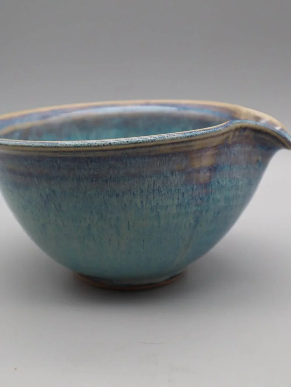 Small Studio Art Pottery Mixing Batter Bowl w/ Spout Blue Drip Glaze Signed AD